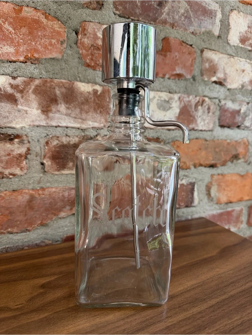 Vintage Scotch Glass Decanter Chrome Pump Dispenser MCM Barware